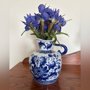 Oriental Pitcher with artificial Japanese Iris Bouquet .